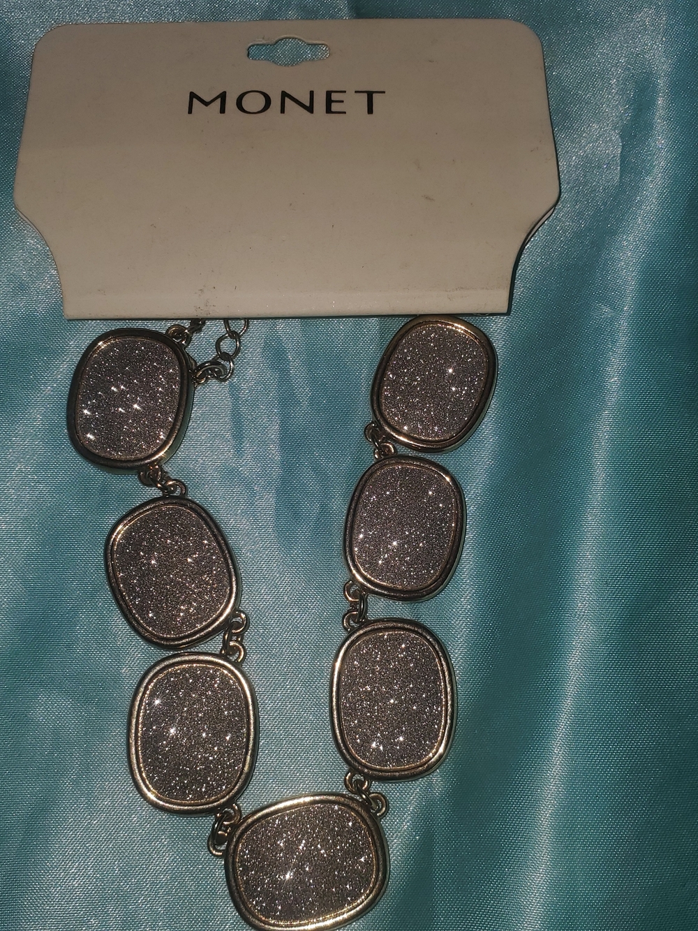 Monet Gold Tone/Silver Glitter Statement Necklace - Druzy Style